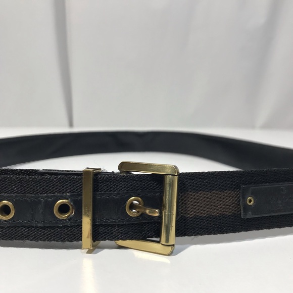 Authentic Gucci Woven Web and Leather Black & Chocolate Brown Logo Stripe Belt - Picture 8 of 16